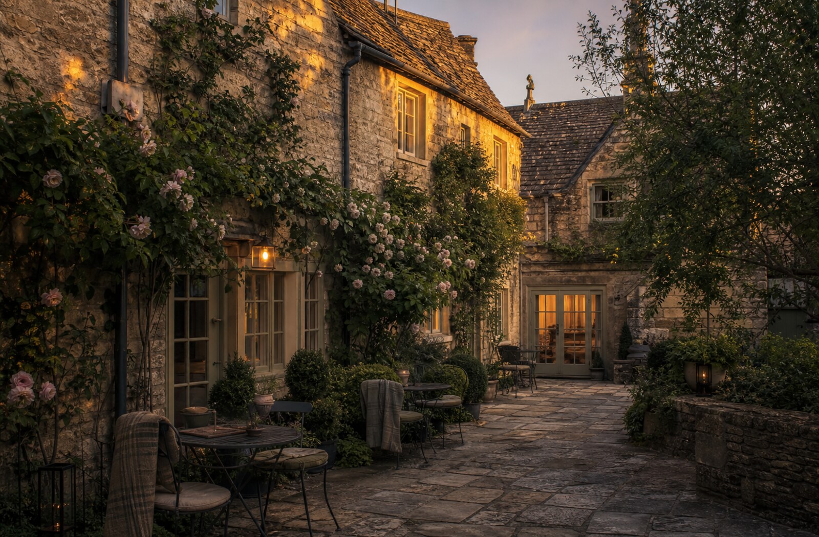 The stone courtyard glowing at golden hour