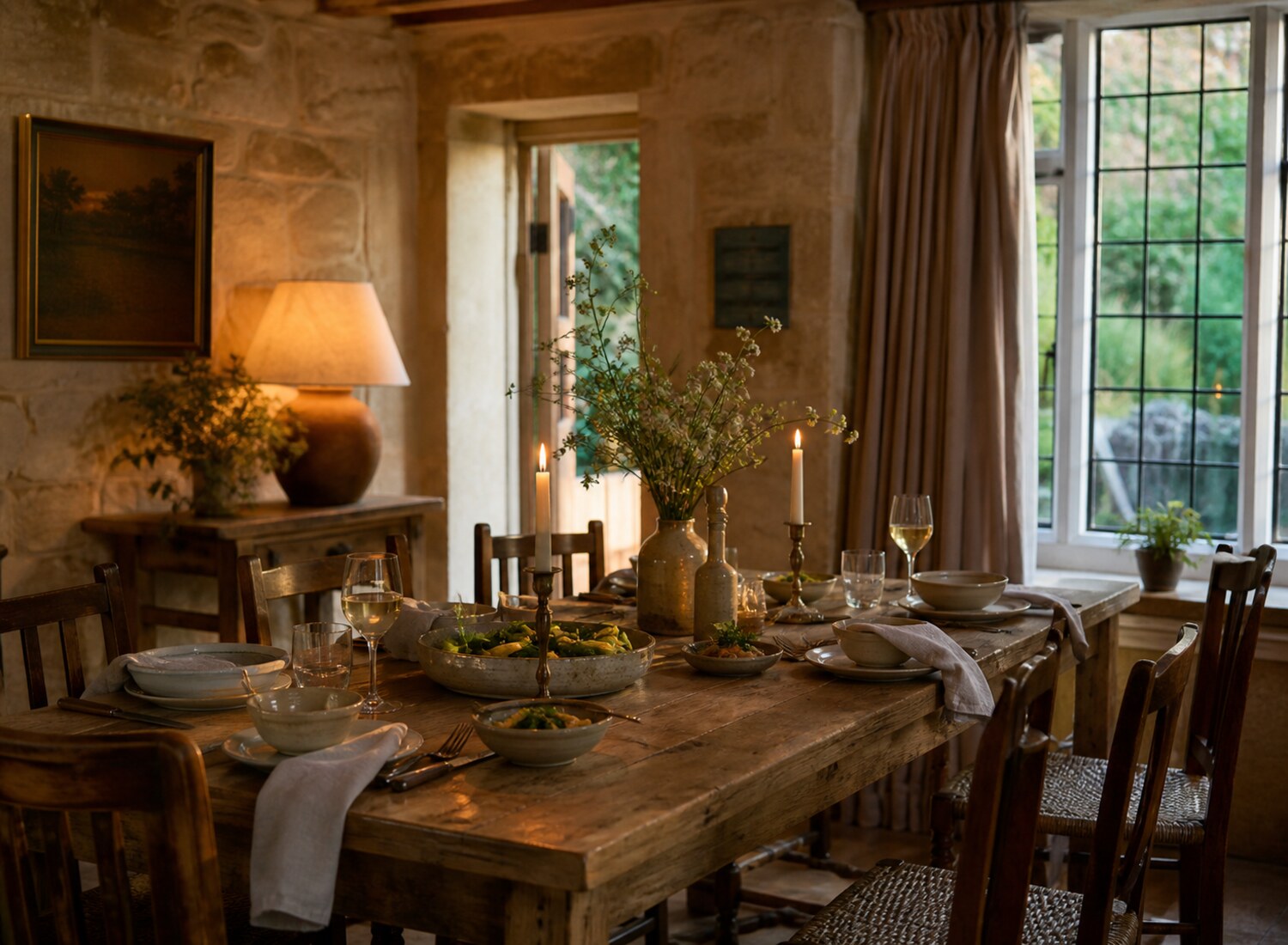 A candlelit country dining room prepared for supper